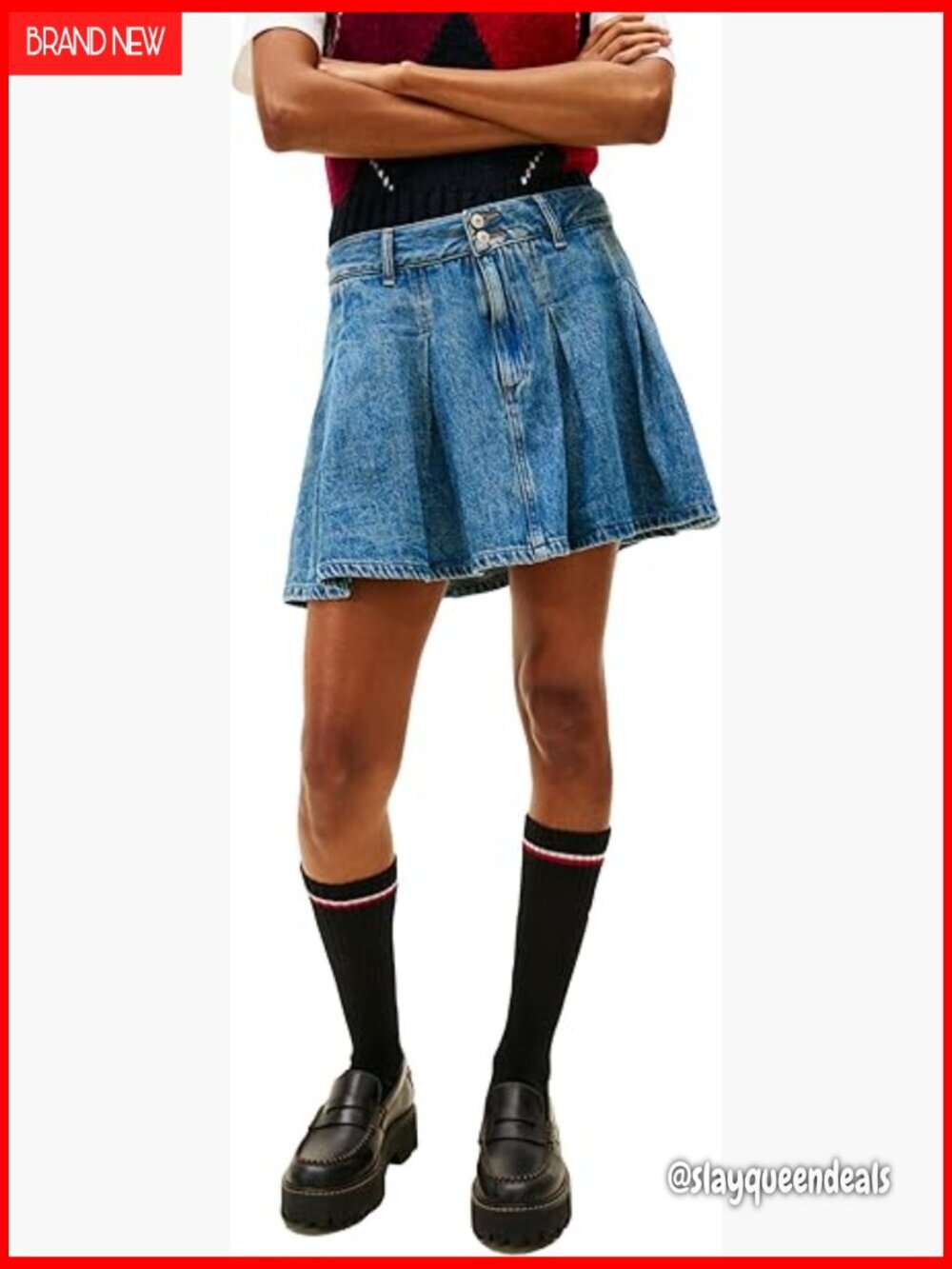 Pleated Denim Mini Skirt High Rise Cotton Work Casual Wear
